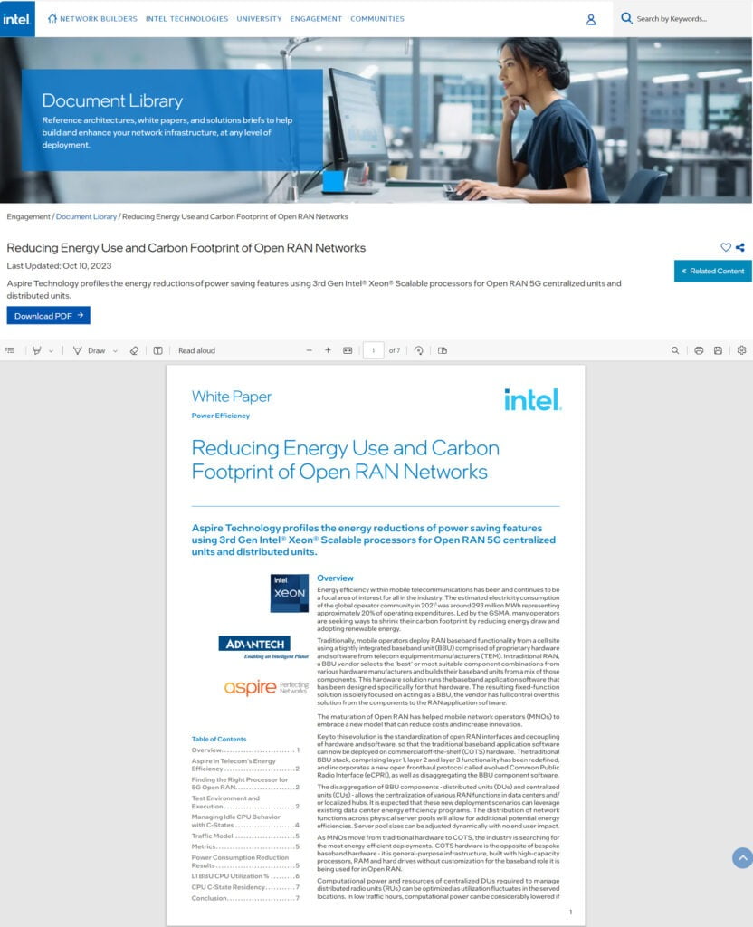 , Whitepaper &#8220;Reducing Energy Use and Carbon Footprint of Open RAN Networks&#8221; published with Intel